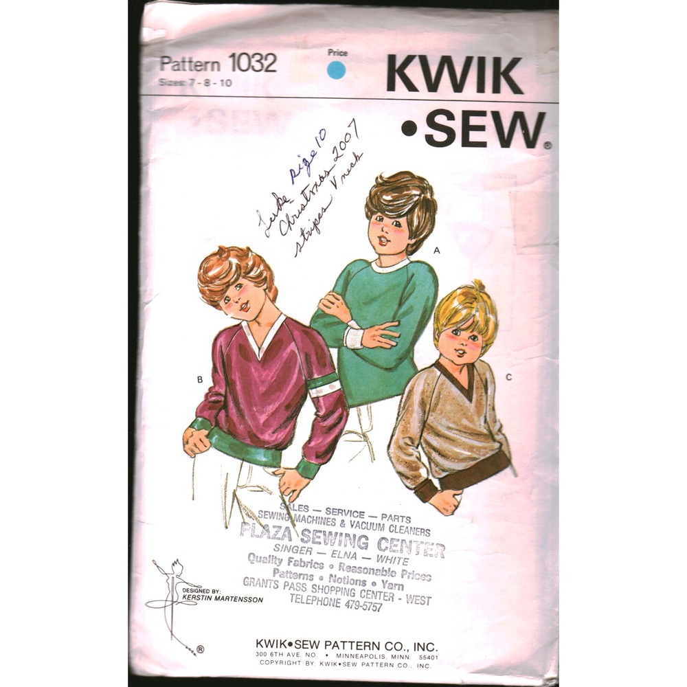 Kwik Sew 1032 Boys Pullover Sewing‎ Pattern Raglan Sleeve V-Neck Size 7-8-10 VTG